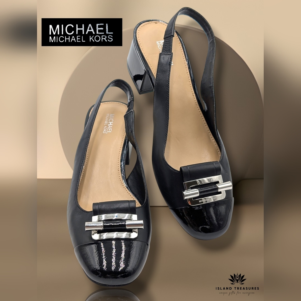 Michael Kors Gloria Sz 7 Slingback Black Patent Leather Cap-Toe MK Buckle Accent